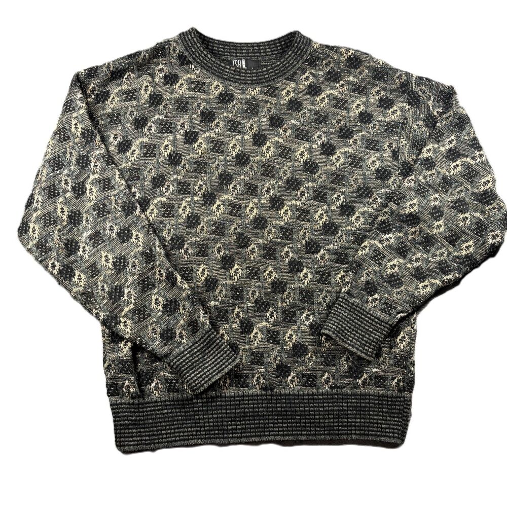 TSR Men Vintage Sweater 3D Knit Earth Tones Vintage Cosby Grandpa USA Large K174
